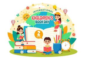 Internationale kinderen boek dag vector illustratie Aan 2 april met kinderen lezing een boeken en wereldbol kaart in vlak tekenfilm achtergrond ontwerp