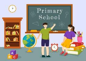 primair school- vector illustratie van studenten kinderen en school- gebouw met de concept van aan het leren en kennis in vlak tekenfilm achtergrond