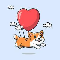 schattig corgi hond vliegend met liefde ballon tekenfilm vector icoon illustratie