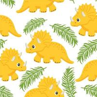 naadloos patroon, schattig grappig dinosaurussen en tropisch bladeren Aan een wit achtergrond. kinderen afdrukken, textiel, behang, vector