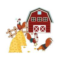 boerderij huis, kip voedsel met haan illustratie vector