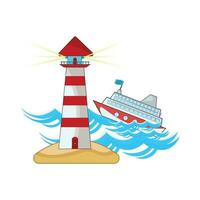 reis schip in zee met mercusuar in strand illustratie vector