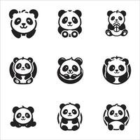 reeks van schattig panda pictogrammen in zwart en wit. vector illustratie.