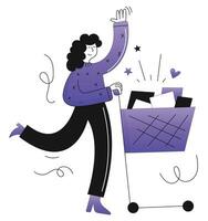 vector illustratie van een vrouw met een boodschappen doen kar vol van kleren.