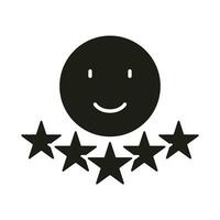 positief terugkoppeling silhouet icoon. vijf sterren gebruiker ervaring glyph pictogram. gelukkig emoticon solide teken. klant recensie symbool. cliënt tevredenheid. geïsoleerd vector illustratie.