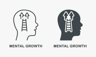 mentaal groei silhouet en lijn icoon set. psychologie behandeling symbool verzameling. menselijk hoofd met ladder, potentieel carrière succes motivatie pictogram. geïsoleerd vector illustratie.