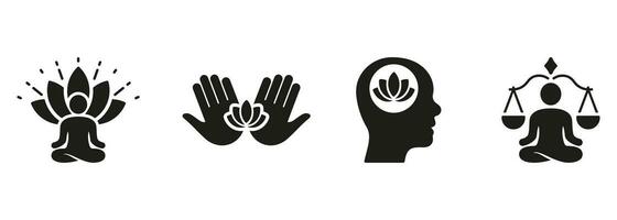 mentaal Gezondheid, yoga en balans silhouet icoon set. persoon mediteren in lotus positie symbool verzameling. welzijn glyph pictogram. kalmte verstand, zen houding teken. geïsoleerd vector illustratie.