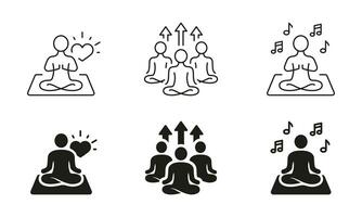 yoga poses silhouet en lijn pictogrammen set. mediteren en kom tot rust pictogram. meditatie, evenwicht, kalmte zwart symbool verzameling. welzijn en welzijn teken. geïsoleerd vector illustratie.