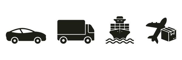 vervoer voor levering onderhoud silhouet icoon set. auto, vrachtwagen, schip, vlak symbool verzameling. lading Verzending en vervoer pictogram. Verzending voertuig solide teken. geïsoleerd vector illustratie.