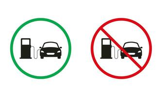 benzine station rood en groen waarschuwing tekens. gas- station silhouet pictogrammen set. benzine brandstof onderhoud toegestaan en verboden symbolen. geïsoleerd vector illustratie.