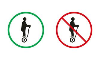 elektrisch eenwieler hoverboard gyroscooter rood en groen tekens. gyro scooter, monowiel silhouet pictogrammen set. toegestaan en verboden Gevaar vervoer pictogram. geïsoleerd vector illustratie.