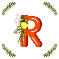 rode letter r met groene kerstboomtak, bal met strik. feestelijk lettertype voor gelukkig nieuwjaar en helder alfabet vector