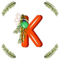 rode letter k met groene kerstboomtak, bal met strik. feestelijk lettertype voor gelukkig nieuwjaar en helder alfabet vector