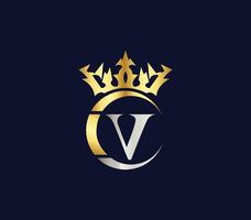 v brief kroon luxe koninkrijk teken met gouden kleur bedrijf logo ontwerp vector