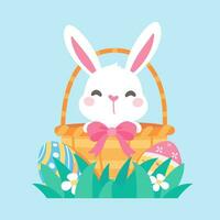 tekenfilm weinig konijn in een mand van Pasen eieren geschilderd met helder patronen. vector