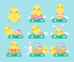 tekenfilm kuiken met Pasen eieren in de gras en Pasen ei zoeken werkzaamheid met kinderen. vector
