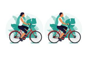 man en vrouw op een fiets in het park. gezond levensstijlconcept. sportieve opleiding. geschiktheid. vectorillustratie. vlak. vector