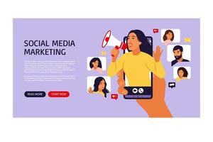 vrouw in smartphone schreeuwen in luidspreker. influencer of social marketing banner, flyer, webpagina. promotie van sociale media-accounts, groei van publiek of volgers. mensen houden mobiele telefoons vast en chatten. vector