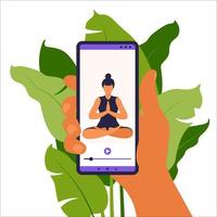 yoga online-concept. vrouw doet yoga-oefening thuis met online instructeur op mobiele telefoon. wellness en een gezonde levensstijl thuis. vrouw die yoga-oefeningen doet. vectorillustratie. vector