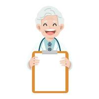 mannetje dokter Holding een klembord tonen een blanco document vector