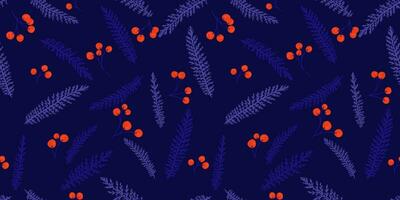 naadloos creatief klein takken bladeren en bessen, dots patroon Aan een donker Purper blauw achtergrond. vector hand- getrokken schetsen. elegantie abstract blad bloemen afdrukken. ontwerp voor kleding stof, mode