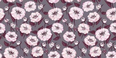 naadloos patroon met artistiek grafisch wereldbol bloem, trollius en bladeren. licht elegant bloemen Aan een grijs achtergrond. ranonkel, dahlia, trollius asiaticus bloem. vector hand- getrokken.