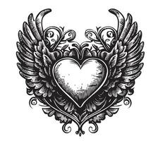 hart met Vleugels schetsen hand- getrokken in heraldiek vector illustratie