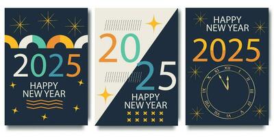 gelukkig 2025 nieuw jaar groet kaart set. ontwerp sjabloon feestelijk typografisch poster, banier of groet kaart met meetkundig vormen en figuren gelukkig nieuw jaar. vector illustratie.
