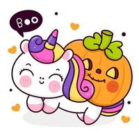 schattige eenhoorn cartoon met pompoen halloween baby trick or treat kinderen kawaii vector dier