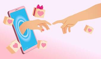 Valentijnsdag dag reclame concept met smartphone en handen van creatie van Adam vector