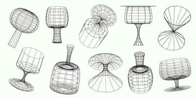 geometrie wireframe vormen. abstract grafisch meetkundig symbolen en voorwerpen in y2k stijl. cyberpunk lijn elementen vector reeks