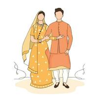 Indisch paar tekenfilm in traditioneel jurk poseren voor mehndi ceremonie uitnodiging kaart ontwerp vector