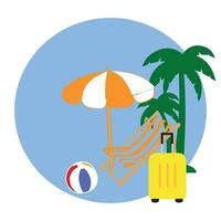 zomer vakantie strand vakantie thema podium met zomer reeks strand elementen. vector illustratie reizen themed vector achtergrond tropisch strand. met palm bomen, turkoois wateren, en zon ligstoelen.