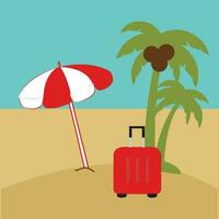 zomer vakantie strand vakantie thema podium met zomer reeks strand elementen. vector illustratie reizen themed vector achtergrond tropisch strand. met palm bomen, turkoois wateren, en zon ligstoelen.