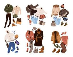 outfits reeks in gewoontjes stijl voor Heren. mode kleding, accessoires, schoenen voor vallen en winter. geïsoleerd vlak vector illustraties Aan wit achtergrond.