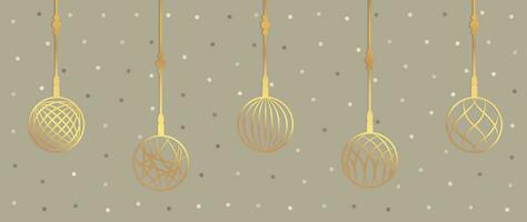 luxe Kerstmis en gelukkig nieuw jaar concept achtergrond vector. elegant goud hangende snuisterij bal lijn kunst deco met sneeuw Aan licht achtergrond. ontwerp voor behang, kaart, omslag, poster. vector