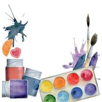 waterverf hand- getrokken illustratie, kinderen kinderen schilderij materialen benodigdheden, palet spatten gouache borstel krijt. plein kader geïsoleerd Aan wit. school, kleuterschool, partij, kaarten, website, winkel vector