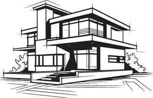 stadsgezicht villa schetsen modern huis in scherp zwart lijnen stedelijk villa schets strak stad leven in stoutmoedig zwart vector