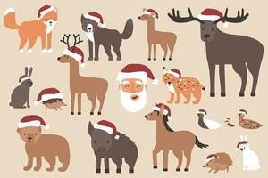 set kerst bos dieren in santa hoeden, santa claus blij gezicht. tekenfilm geïsoleerde vector vos, wolf, beer, berenwelp, eland, hert, damhert, egel, haas, eend, eendje, lynx, paard, wild zwijn