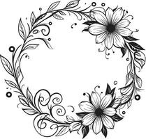 schoon bloemblad krans zwart hand- getrokken iconisch logo grillig bloemen arrangement vector bruiloft embleem