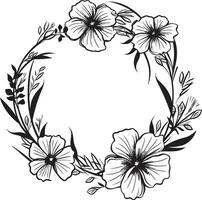 schoon bloemblad krans zwart hand- getrokken iconisch logo grillig bloemen arrangement vector bruiloft embleem