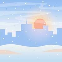 winter stad achtergrond. winter zonsondergang in dorp. winter seizoen stad landschap. stedelijk winter visie. vlak ontwerp. vector illustratie in tekenfilm stijl