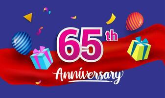 65ste jaren verjaardag viering ontwerp, met geschenk doos en ballonnen, lint, kleurrijk vector sjabloon elementen voor uw verjaardag vieren feest.
