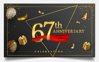 60e jaren verjaardag ontwerp voor groet kaarten en uitnodiging, met ballon, confetti en geschenk doos, elegant ontwerp met goud en donker kleur, ontwerp sjabloon voor verjaardag viering. vector