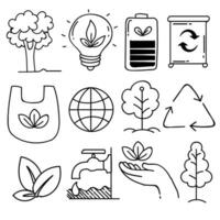 reeks van hand- getrokken ecologie, ecologie probleem en groen energie pictogrammen in tekening stijl, vector illustratie