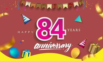 84e jaren verjaardag viering ontwerp, met geschenk doos en ballonnen, lint, kleurrijk vector sjabloon elementen voor uw verjaardag vieren feest.