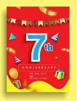 7e jaren verjaardag uitnodiging ontwerp, met geschenk doos en ballonnen, lint, kleurrijk vector sjabloon elementen voor verjaardag viering feest.