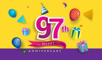 97e jaren verjaardag viering ontwerp, met geschenk doos en ballonnen, lint, kleurrijk vector sjabloon elementen voor uw verjaardag vieren feest.