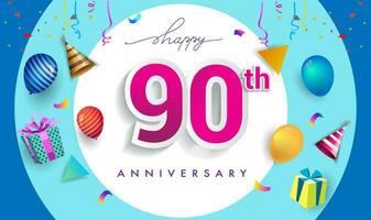 90ste jaren verjaardag viering ontwerp, met geschenk doos en ballonnen, lint, kleurrijk vector sjabloon elementen voor uw verjaardag vieren feest.