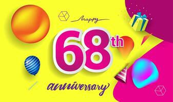68e jaren verjaardag viering ontwerp, met geschenk doos en ballonnen, lint, kleurrijk vector sjabloon elementen voor uw verjaardag vieren feest.